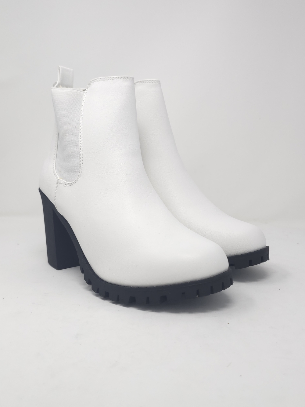 White Chunky Heel Ankle Boots Chelsea Style Platform Minimalist Trendy - Picture 2 of 10